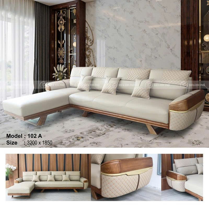 Sofa da góc kết hợp gỗ - mẫu 102A
